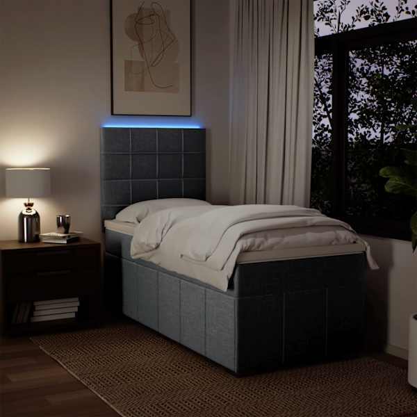 LED-valgustusega kontinentaalvoodi koos madratsiga, helehall, 90 × 200 cm, kangas — mudel 3293851