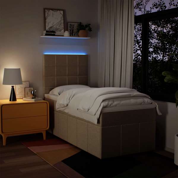 LED-valgustusega kontinentaalvoodi koos madratsiga, kreemjasvalge, 90 × 200 cm, kangas — mudel 3293856