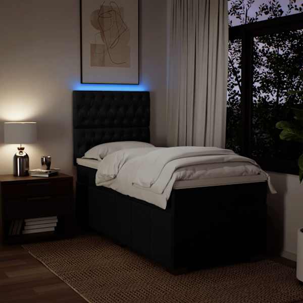 LED-valgustusega kontinentaalvoodi koos madratsiga, must, 90 × 200 cm, kangas — mudel 3293860