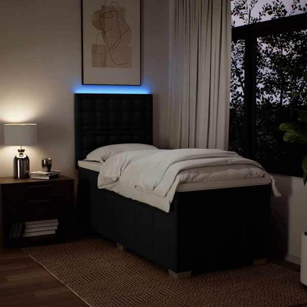 LED-valgustusega kontinentaalvoodi koos madratsiga, must, 90 × 200 cm, kangas — mudel 3293867