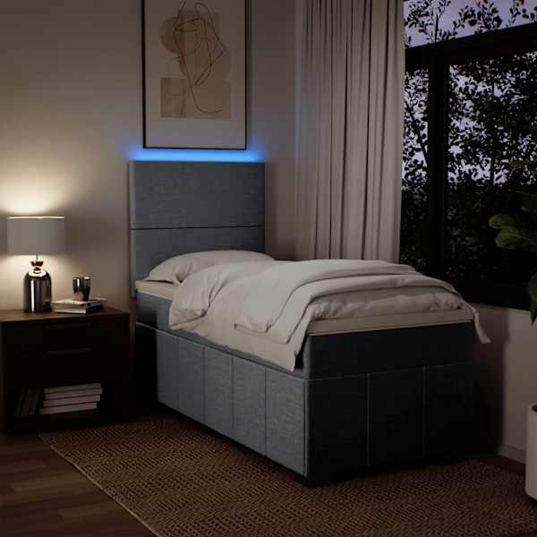 LED-valgustusega kontinentaalvoodi koos madratsiga, helehall, 100 × 200 cm, kangas — mudel 3293872