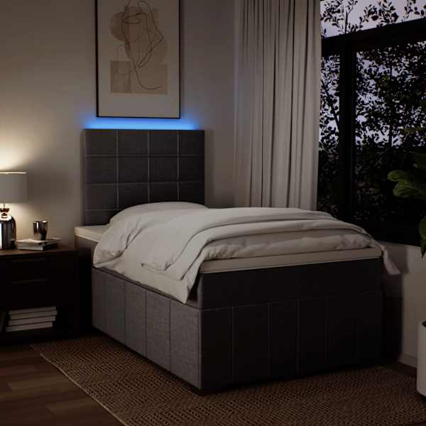 LED-valgustusega kontinentaalvoodi koos madratsiga, pruunikashall, 120 × 190 cm, kangas — mudel 3293911