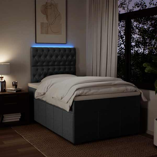 LED-valgustusega kontinentaalvoodi koos madratsiga, pruunikashall, 120 × 190 cm, kangas — mudel 3293918