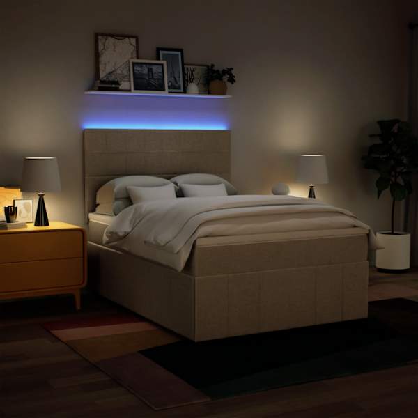 LED-valgustusega kontinentaalvoodi koos madratsiga, kreemjasvalge, 140 × 190 cm, kangas — mudel 3293968