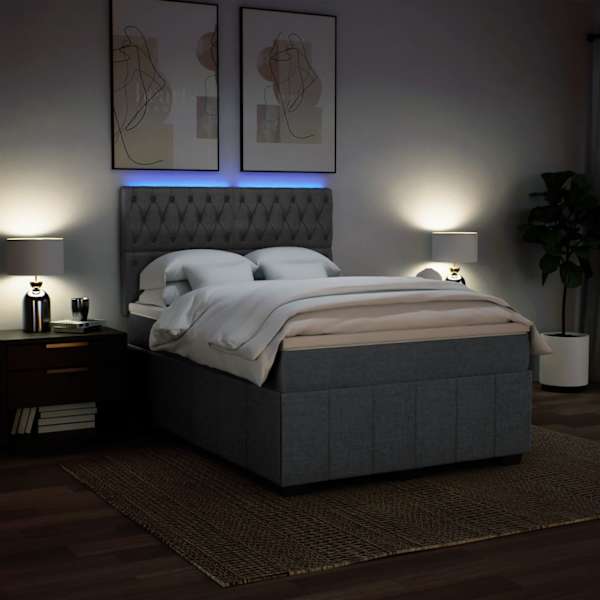 LED-valgustusega kontinentaalvoodi koos madratsiga, tumehall, 140 × 190 cm, kangas — mudel 3293971