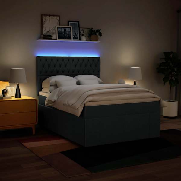 LED-valgustusega kontinentaalvoodi koos madratsiga, sinine, 140 × 190 cm, kangas — mudel 3293976