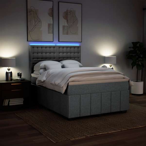 LED-valgustusega kontinentaalvoodi koos madratsiga, helehall, 140 × 190 cm, kangas — mudel 3293977