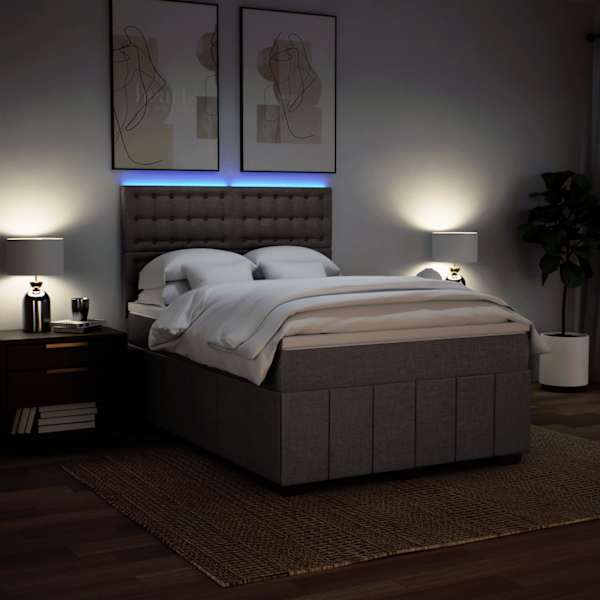 LED-valgustusega kontinentaalvoodi koos madratsiga, pruunikashall, 140 × 190 cm, kangas — mudel 3293981