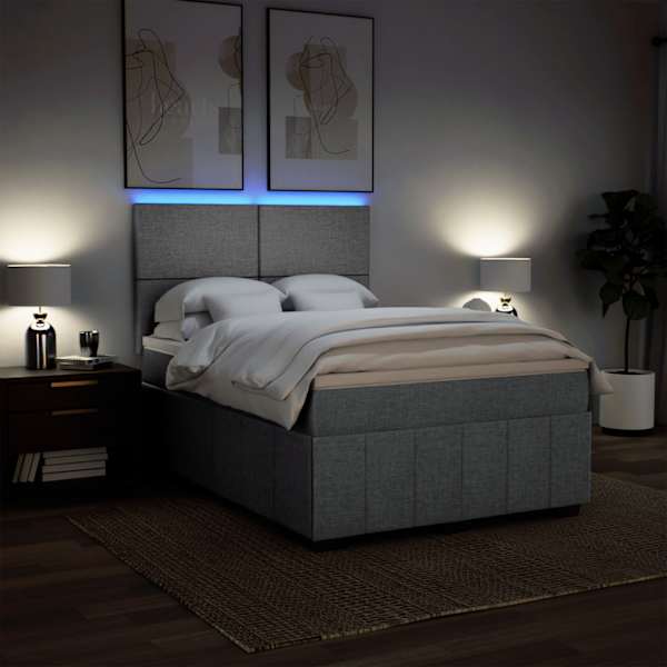 LED-valgustusega kontinentaalvoodi koos madratsiga, helehall, 140 × 200 cm, kangas — mudel 3293984