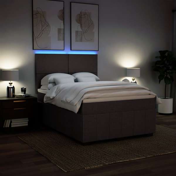 LED-valgustusega kontinentaalvoodi koos madratsiga, tumepruun, 140 × 200 cm, kangas — mudel 3293987