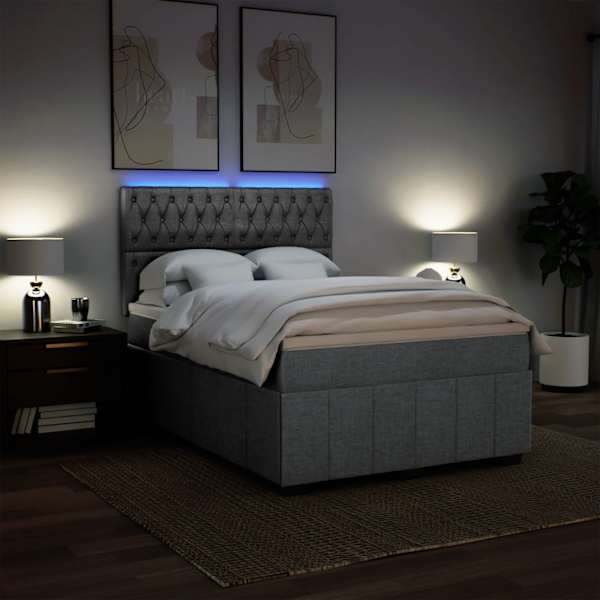 LED-valgustusega kontinentaalvoodi koos madratsiga, helehall, 140 × 200 cm, kangas — mudel 3293998
