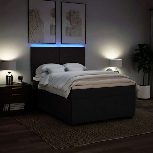 LED-valgustusega kontinentaalvoodi koos madratsiga, must, 160 × 200 cm, kangas — mudel 3294014