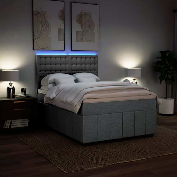LED-valgustusega kontinentaalvoodi koos madratsiga, helehall, 160 × 200 cm, kangas — mudel 3294033