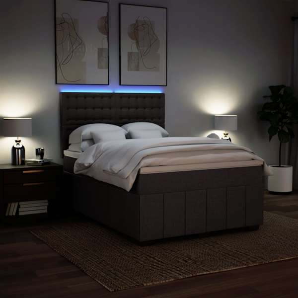 LED-valgustusega kontinentaalvoodi koos madratsiga, tumepruun, 160 × 200 cm, kangas — mudel 3294036