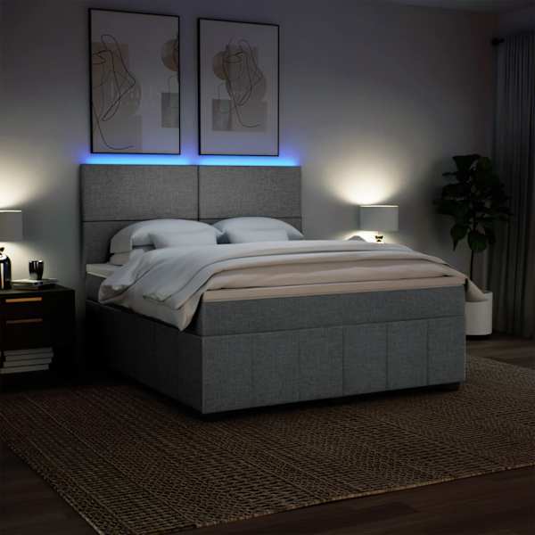 LED-valgustusega kontinentaalvoodi koos madratsiga, helehall, 180 × 200 cm, kangas — mudel 3294040