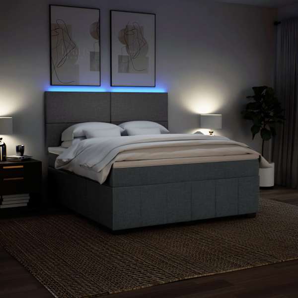 LED-valgustusega kontinentaalvoodi koos madratsiga, tumehall, 180 × 200 cm, kangas — mudel 3294041