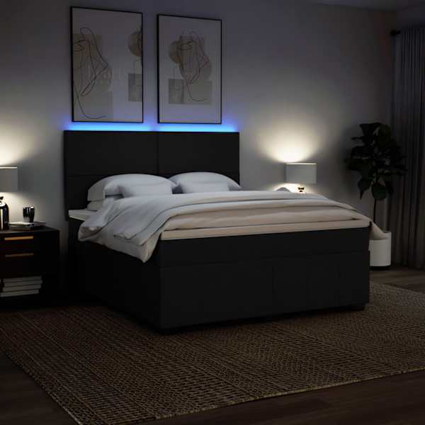 LED-valgustusega kontinentaalvoodi koos madratsiga, must, 180 × 200 cm, kangas — mudel 3294042