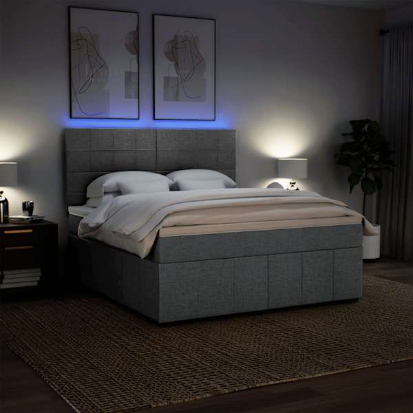 LED-valgustusega kontinentaalvoodi koos madratsiga, helehall, 180 × 200 cm, kangas — mudel 3294047