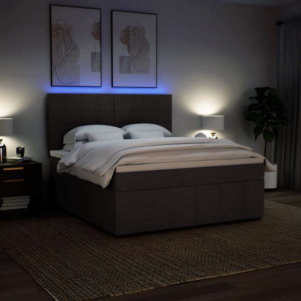 LED-valgustusega kontinentaalvoodi koos madratsiga, tumepruun, 180 × 200 cm, kangas — mudel 3294050