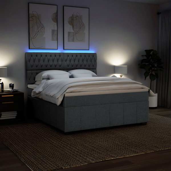 LED-valgustusega kontinentaalvoodi koos madratsiga, tumehall, 180 × 200 cm, kangas — mudel 3294055