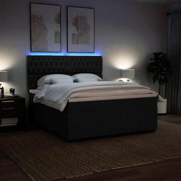 LED-valgustusega kontinentaalvoodi koos madratsiga, must, 180 × 200 cm, kangas — mudel 3294056