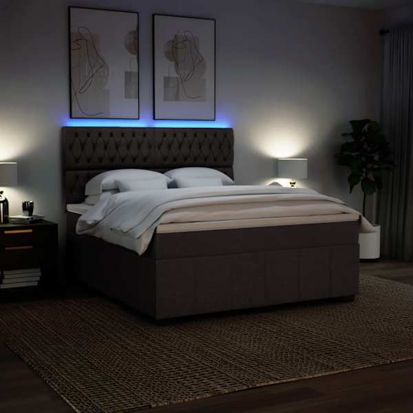 LED-valgustusega kontinentaalvoodi koos madratsiga, tumepruun, 180 × 200 cm, kangas — mudel 3294057