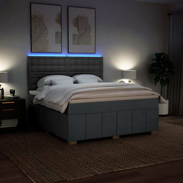 LED-valgustusega kontinentaalvoodi koos madratsiga, tumehall, 180 × 200 cm, kangas — mudel 3294062