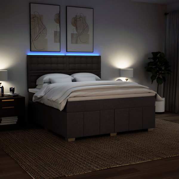 LED-valgustusega kontinentaalvoodi koos madratsiga, tumepruun, 180 × 200 cm, kangas — mudel 3294064