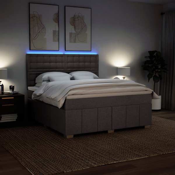 LED-valgustusega kontinentaalvoodi koos madratsiga, pruunikashall, 180 × 200 cm, kangas — mudel 3294065