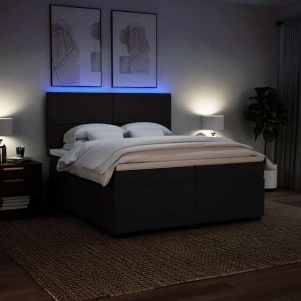 LED-valgustusega kontinentaalvoodi koos 2 madratsiga, must, 200 × 200 cm, kangas — mudel 3294070