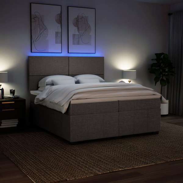 LED-valgustusega kontinentaalvoodi koos 2 madratsiga, pruunikashall, 200 × 200 cm, kangas — mudel 3294072