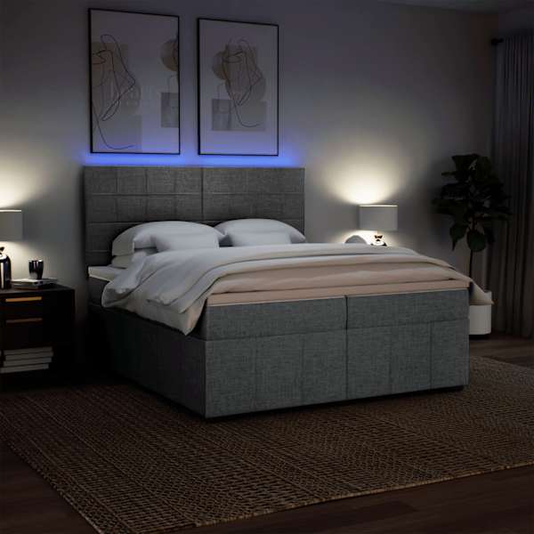 LED-valgustusega kontinentaalvoodi koos 2 madratsiga, helehall, 200 × 200 cm, kangas — mudel 3294075