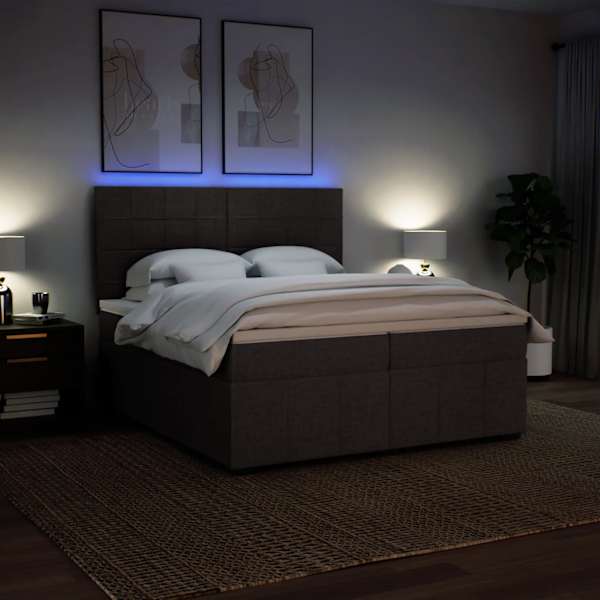 LED-valgustusega kontinentaalvoodi koos 2 madratsiga, tumepruun, 200 × 200 cm, kangas — mudel 3294078