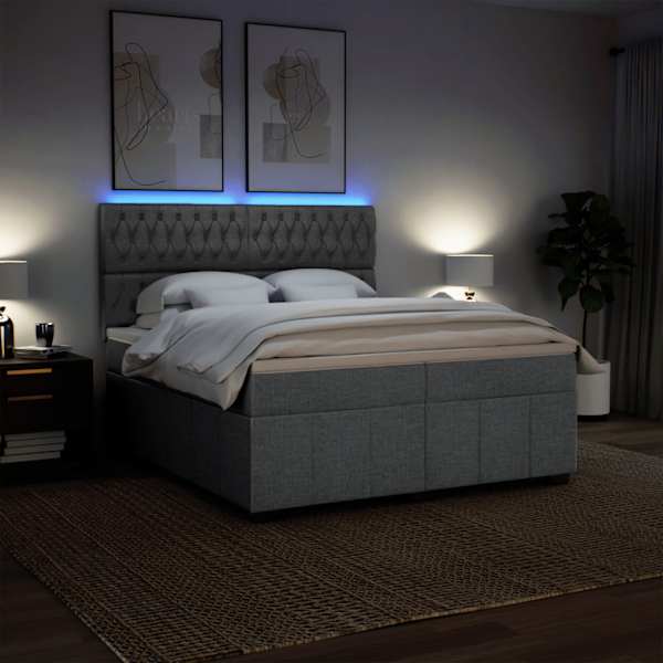 LED-valgustusega kontinentaalvoodi koos 2 madratsiga, helehall, 200 × 200 cm, kangas — mudel 3294082