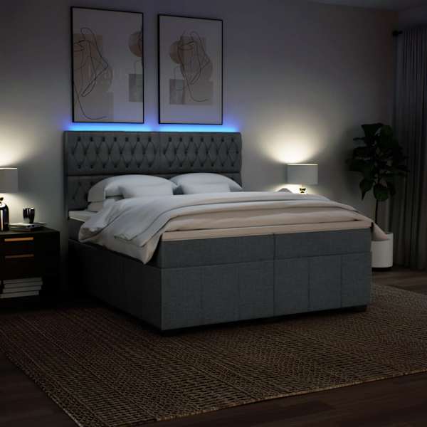 LED-valgustusega kontinentaalvoodi koos 2 madratsiga, tumehall, 200 × 200 cm, kangas — mudel 3294083