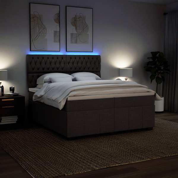 LED-valgustusega kontinentaalvoodi koos 2 madratsiga, tumepruun, 200 × 200 cm, kangas — mudel 3294085