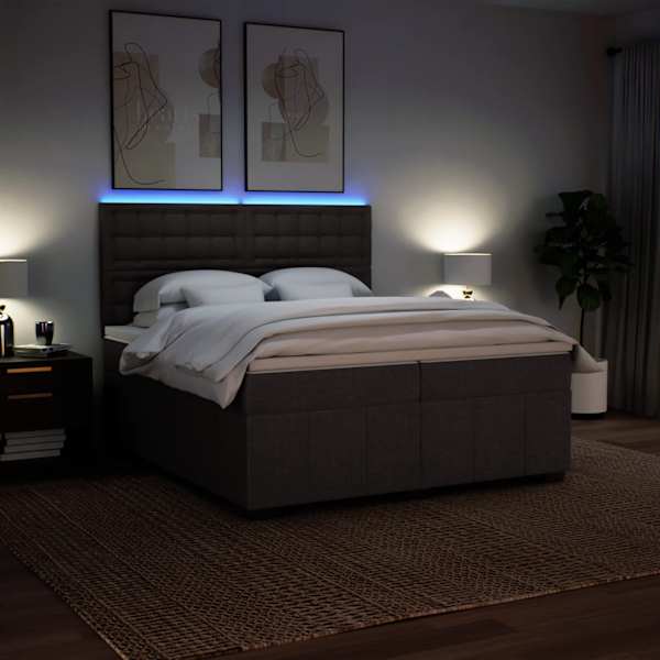 LED-valgustusega kontinentaalvoodi koos 2 madratsiga, tumepruun, 200 × 200 cm, kangas — mudel 3294092