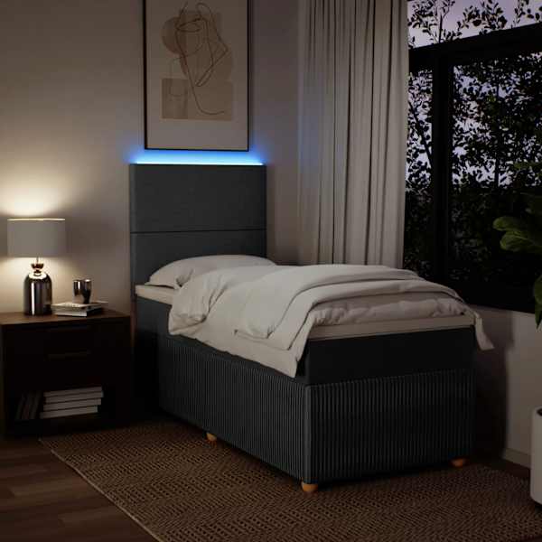 LED-valgustusega kontinentaalvoodi koos madratsiga, tumehall, 90 × 190 cm, kangas — mudel 3294205