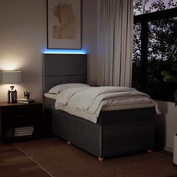 LED-valgustusega kontinentaalvoodi koos madratsiga, pruunikashall, 90 × 190 cm, kangas — mudel 3294208