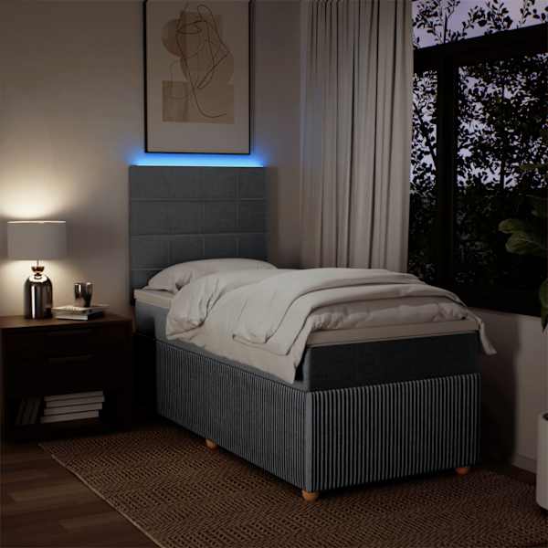 LED-valgustusega kontinentaalvoodi koos madratsiga, helehall, 90 × 190 cm, kangas — mudel 3294211