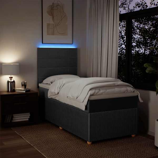LED-valgustusega kontinentaalvoodi koos madratsiga, tumehall, 90 × 190 cm, kangas — mudel 3294212