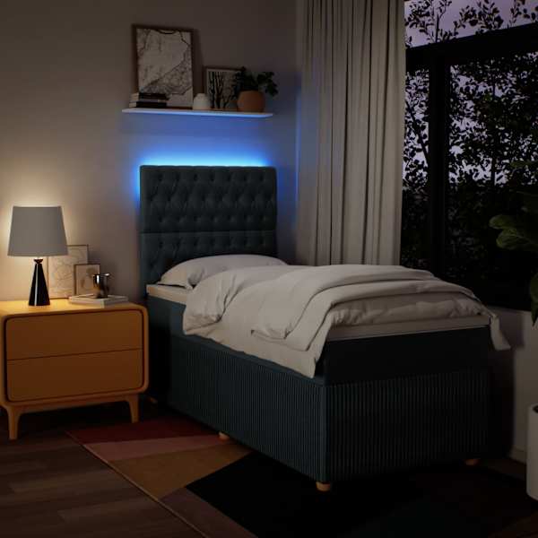 LED-valgustusega kontinentaalvoodi koos madratsiga, sinine, 90 × 190 cm, kangas — mudel 3294224
