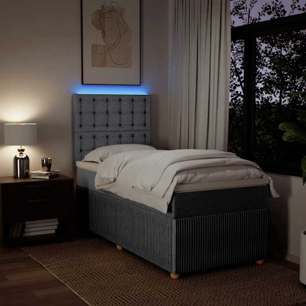 LED-valgustusega kontinentaalvoodi koos madratsiga, helehall, 90 × 190 cm, kangas — mudel 3294225