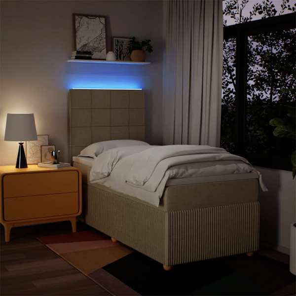 LED-valgustusega kontinentaalvoodi koos madratsiga, kreemjasvalge, 90 × 200 cm, kangas — mudel 3294244