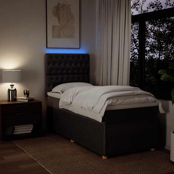 LED-valgustusega kontinentaalvoodi koos madratsiga, tumepruun, 90 × 200 cm, kangas — mudel 3294249