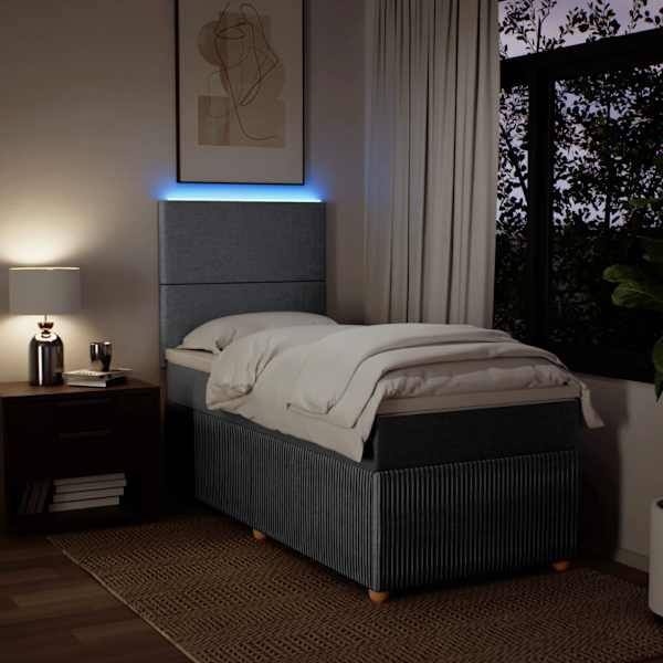 LED-valgustusega kontinentaalvoodi koos madratsiga, helehall, 100 × 200 cm, kangas — mudel 3294260