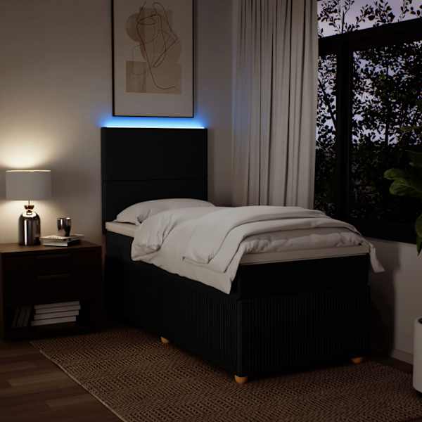 LED-valgustusega kontinentaalvoodi koos madratsiga, must, 100 × 200 cm, kangas — mudel 3294262