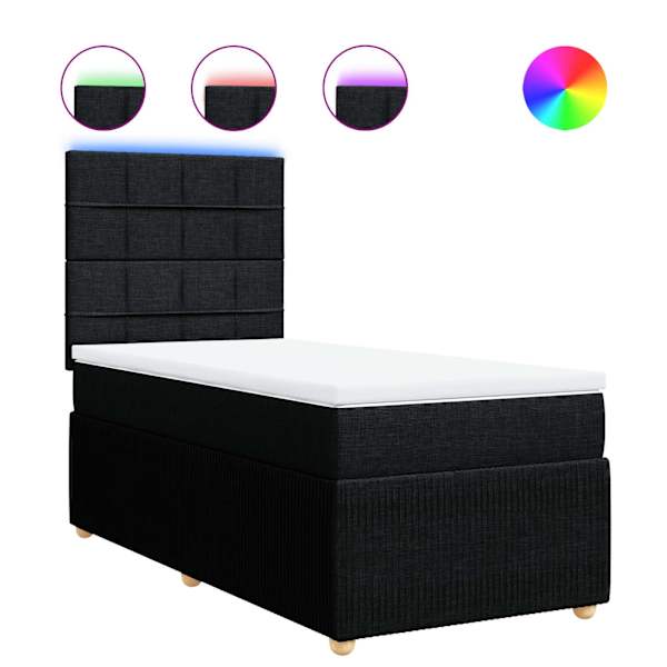 LED-valgustusega kontinentaalvoodi koos madratsiga, must, 100 × 200 cm, kangas — mudel 3294269