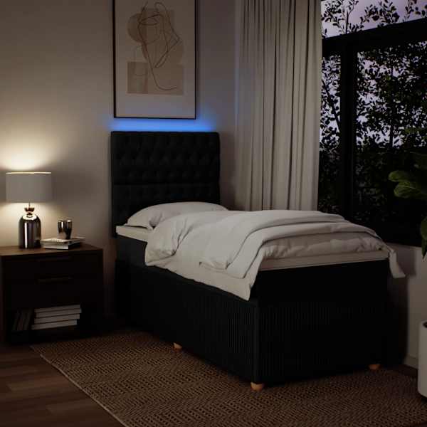 LED-valgustusega kontinentaalvoodi koos madratsiga, must, 100 × 200 cm, kangas — mudel 3294276