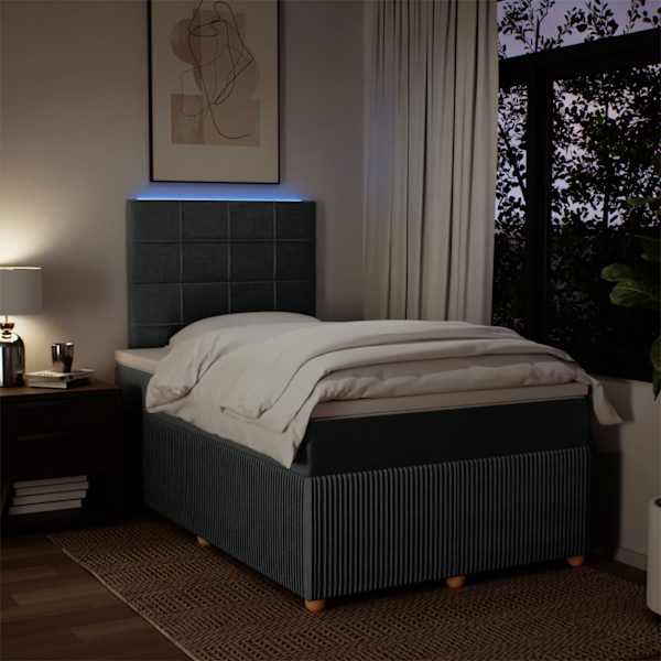 LED-valgustusega kontinentaalvoodi koos madratsiga, tumehall, 120 × 200 cm, kangas — mudel 3294324